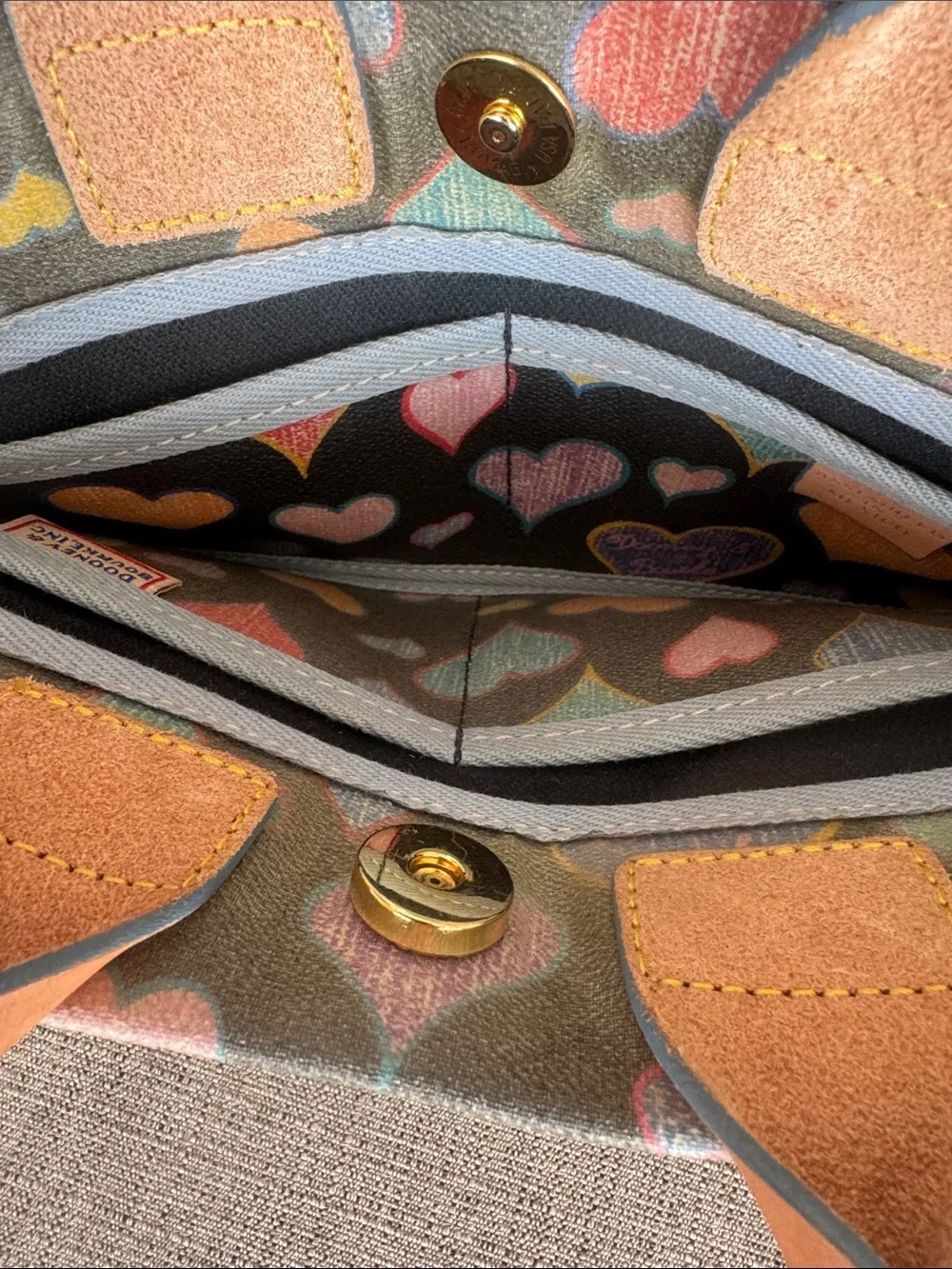 Vintage Dooney & Bourke Multicolor Heart Print Satchel with Tan Leather Handles